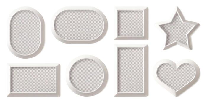 Photo frame beige set. White picture isolated, mock up. 3d isolated wooden modern poster layout template. Round rectangular, square star, heart ovals shapes of realistic shadow gallery decor vector