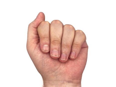 Close up, showing a mans hand with dirty fingernails, hygiene, nails, working male hands, with the concept of health, white background, top view, flat lay photo