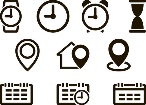 Calendar clock pointer set icon isolated Outline time date location clipart collection vector