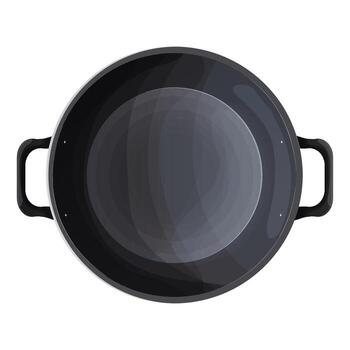 Wok frying pan, empty cookware bowl top view in cartoon style. Steel souspan, pot isolated on white background. object with handles. vector