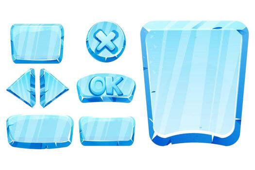 Set frozen ice frames, panels for game menu arows, buttons, ok sign in cartoon style isolated. Ui game design, app interface. vector