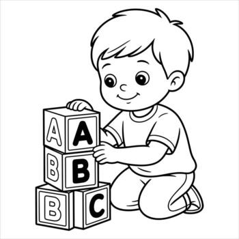 Alphabet Coloring Page Boy Playing with ABC Blocks for Early Learning vector