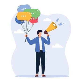 Communication and Public Relations concept. Businessman holding speech bubble balloons while talking on megaphone. Public Relations manager to communicate company information and media. vector