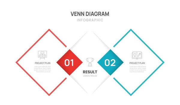 Venn diagram business infographic square chart template 2 options, presentation with venn diagram elements illustration. vector