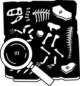 black and white isolated illustration of a Dinosaur fossils on a stone platform vector