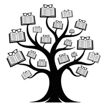 negro silueta de un árbol con abierto libros y los anteojos en ramas leyendo conocimiento vector