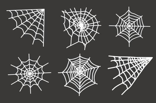 Set of spider web icons in white silhouette style with different web shapes isolated on dark background perfect for halloween decoration spooky design and holiday graphic elements vector
