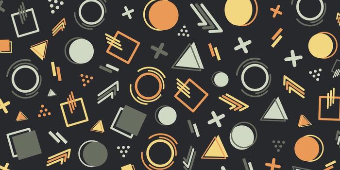 Abstract pattern with geometric shapes including circles squares and triangles in orange yellow and gray tones on a dark background creating a modern stylish design vector
