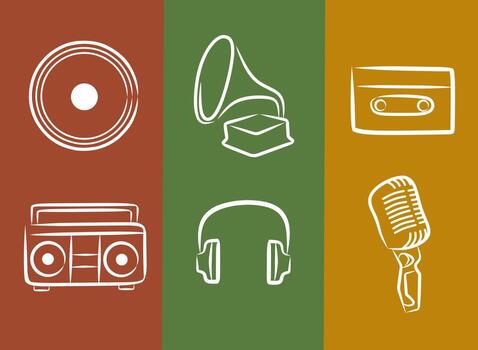 Retro music icon collection with colorful background featuring cassette tape, microphone, gramophone, radio, headphone, and speaker in line art style vector