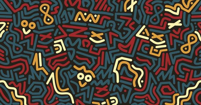 resumen modelo con vistoso garabatear líneas en rojo amarillo, tosca y naranja tonos en un oscuro antecedentes creando un moderno vibrante diseño para textil, fondo de pantalla y digital decoración vector