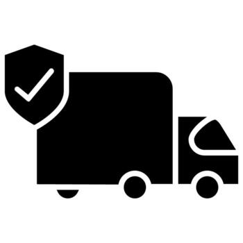 entrega camión con proteger icono. plano negro símbolo. pictograma es aislado en un blanco antecedentes. diseñado para web y software interfaces vector