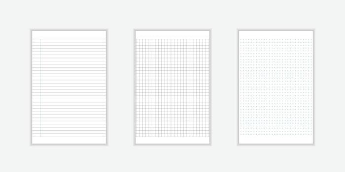 conjunto de blanco hojas de forrado, cuadrado cuadrícula y punteado papel en a4 formato. papel plantillas para notas, escribiendo, dibujar, y diario ilustración vector