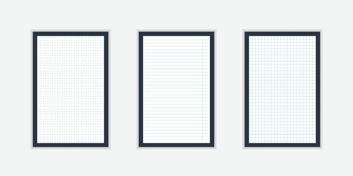 Set of blank sheets of lined, square grid and dotted paper in a4 format. Paper templates for notes, writing, sketching, and journaling. Ideal for school, office and work. vector