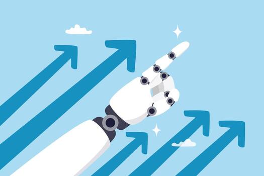 Artificial Intelligence, AI lead to success, growth or improvement, change or challenge using AI, increase skill, efficiency or innovation, robot hand pointing up with growth arrow lead the way. vector