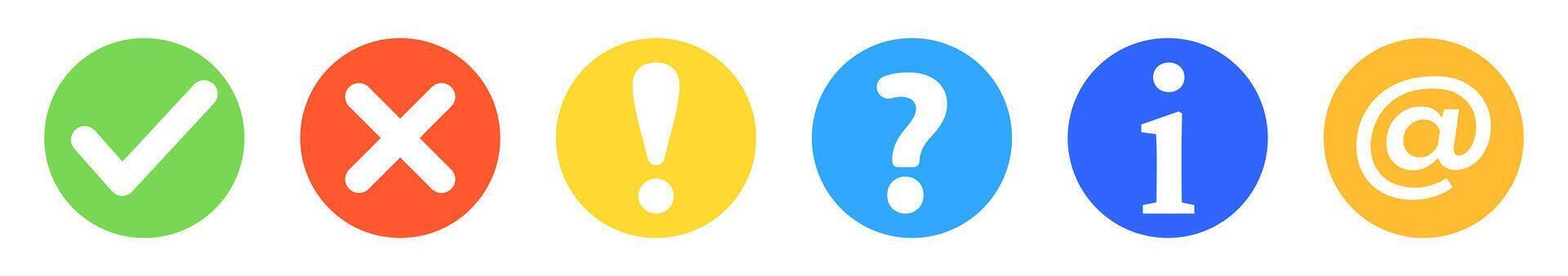 round colorful icon set , check mark, cross, exclamation, question, info and at symbol vector