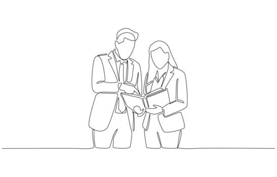 Continuous one line drawing of two businesspeople discussing over open folder, symbolizing teamwork, communication, and professional partnership, single line art vector