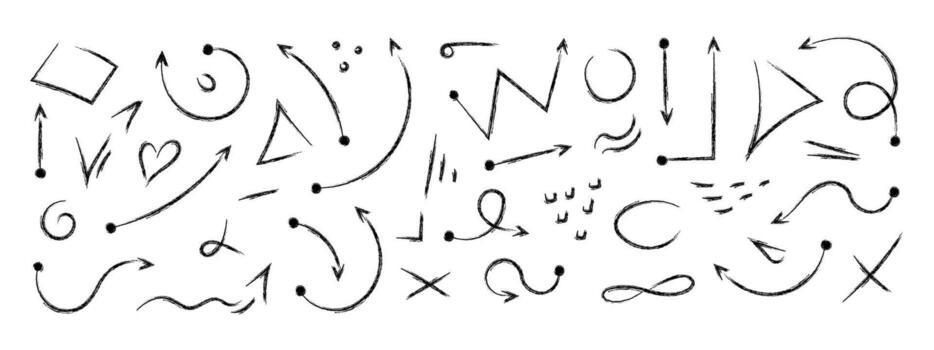 Squiggly arrow, chalk doodle set of various arrow shapes, lines, symbols and scribble icons. Hand drawn crayon black line fun playful bounce elements, jump thick motion design, movement symbol vector