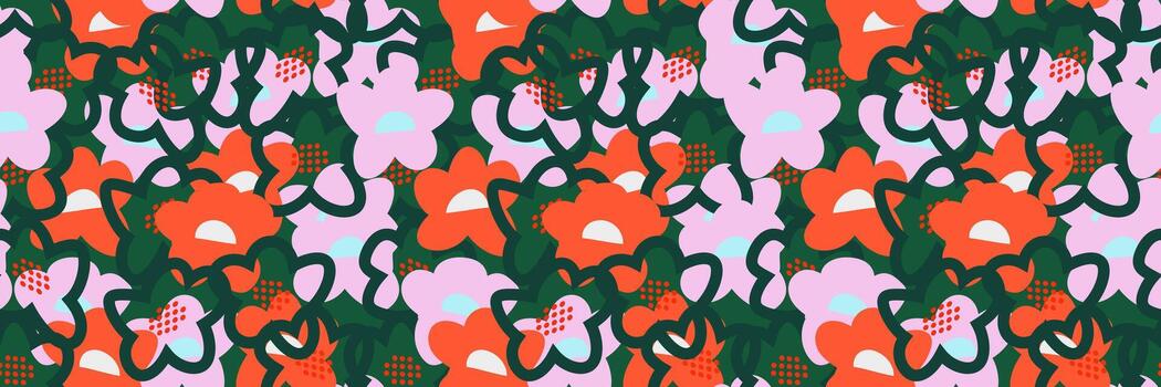 Seamless floral pattern with abstract hand drawn flowers in orange, pink, and green on a deep background. Overlapping outlines and dynamic composition create a playful, modern, and stylish look vector