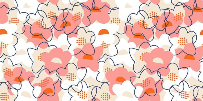 Seamless floral pattern with abstract hand drawn flowers in pastel orange and white on a light background. The playful doodle style lines create a modern, artistic, and vibrant composition vector