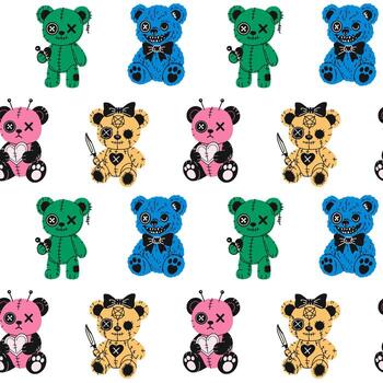 Seamless Pattern with Halloween Plush Bear Characters with Stitches and Buttons vector