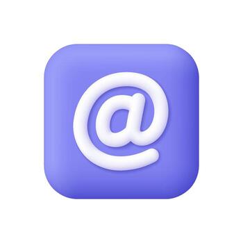 White at or e-mail symbol on purple square button. Communication, social media, digital identity, online messaging, contact information and networking concept. 3d icon. Cartoon minimal style. vector