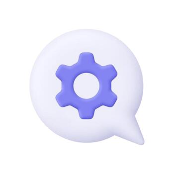 White speech bubble with a purple gear. Settings, configuration, technical support, preferences, tools and maintenance concept. 3d icon. Cartoon minimal style. vector