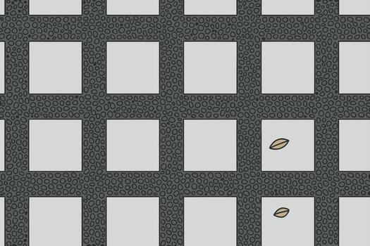 Geometric square grid pattern with dark textured lines and scattered small leaves vector