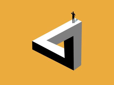 businessman thinks about solving a problem on a Penrose triangle vector