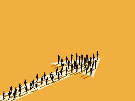 group of people stands in a line, forming an arrow pointing in the direction vector