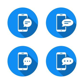 charla mensaje icono en teléfono inteligente pantalla con largo sombra. móvil teléfono con habla burbuja símbolo vector