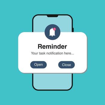 Task reminder notification bell. Schedule work, business plans, and events. Plus, a phone behind the pop-up. vector