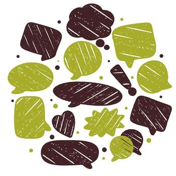 Crayon talk speech text with a frame hand box in doodle style. Crayon talk illustration of comic bubbles, cartoon chat icons, sketch cloud shapes, drawn label, and textured bg design. vector