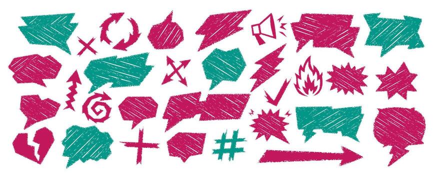 Crayon talk speech bubble and crayon text box combined with doodle chalk balloon in two color pastel style. Crayon talk design pack includes hearts, arrows, symbols and frames. vector