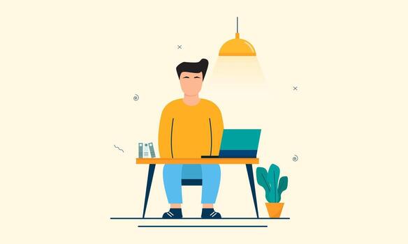 plano diseño ilustración de un hombre trabajando en frente de un computadora vector