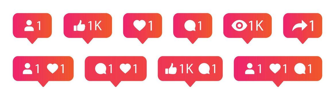 Set of social media notification icons with vibrant color love, comment and views count vector