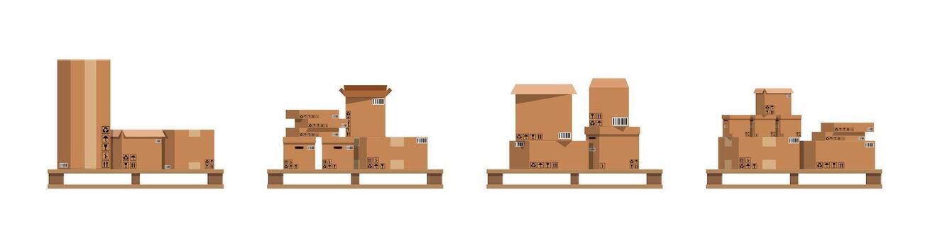 Stack of various cardboard boxes on wooden pallet vector