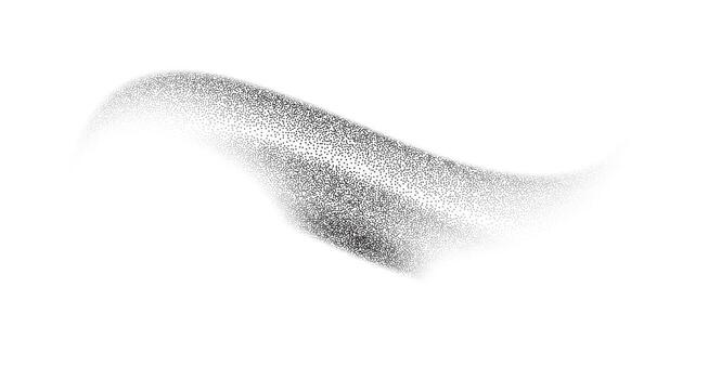 Grain textured wavy shape. Gradient abstract black noise element. Fluid stipple, halftone splatter, dotwork, on white background. illustration. vector