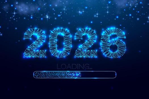 nuevo año 2026 cargando. cargando bar. bajo escuela politécnica estilo diseño. números desde un poligonal estructura metálica malla. resumen ilustración en oscuro antecedentes vector