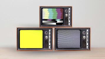 retro årgång tv-apparater med statisk ljud, testa mönster barer, och grön skärm visa video