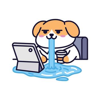 Funny office dog drooling at a desk while holding a coffee cup, long blue drool pooling in front of a tablet, kawaii flat style with rounded outlines and soft pastels on a clean white background. vector