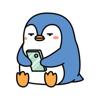 Blue penguin holding a smartphone, chubby character sits with a skeptical look, rounded thick outlines and soft pastels on a clean white background, kawaii flat style for social media and screen time. vector