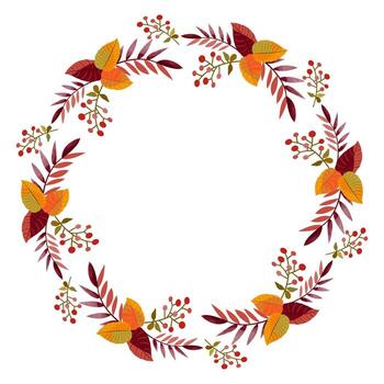 Autumn leaves, berries and twigs, circle shaped pattern, wreath, border. Text space, white background. vector