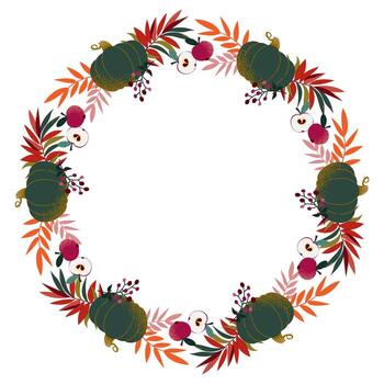 The Thanksgiving frame is in the shape of a circle. Wreath with autumn harvest and leaves. vector