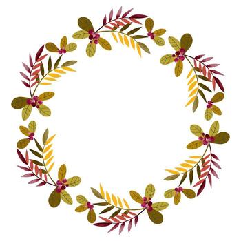 Wreath with berries and twigs. Frame with autumn pattern in the shape of a circle. Copy space, white background, . vector