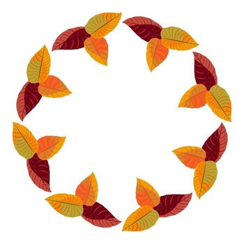 Stylish pattern with bright autumn leaves in the shape of a circle. Wreath, border with place for text, white background. vector