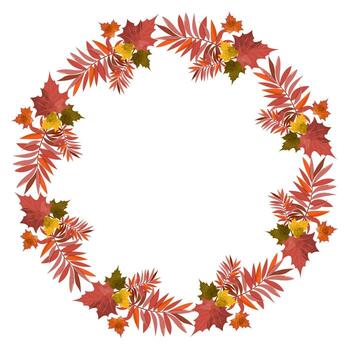 Frame with autumn pattern in the shape of a circle. Wreath with maple leaves and branches. Watercolor texture, copy space, white background, . vector