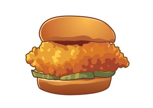 Crispy fried chicken sandwich featuring a golden-breaded chicken fillet layered with fresh pickles in a soft bun for a satisfying meal. vector