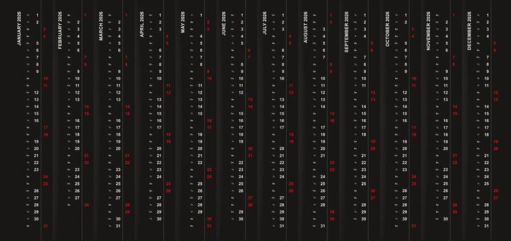 Vertical calendar 2026 on black background, Saturday and Sunday selected in different row. vector