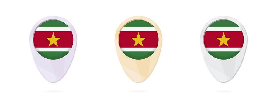 Map markers with flag of Suriname, 3 color versions. vector