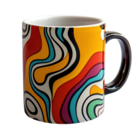 artístico café taza presentando multicolor geométrico remolino patrones aislado en transparente antecedentes png